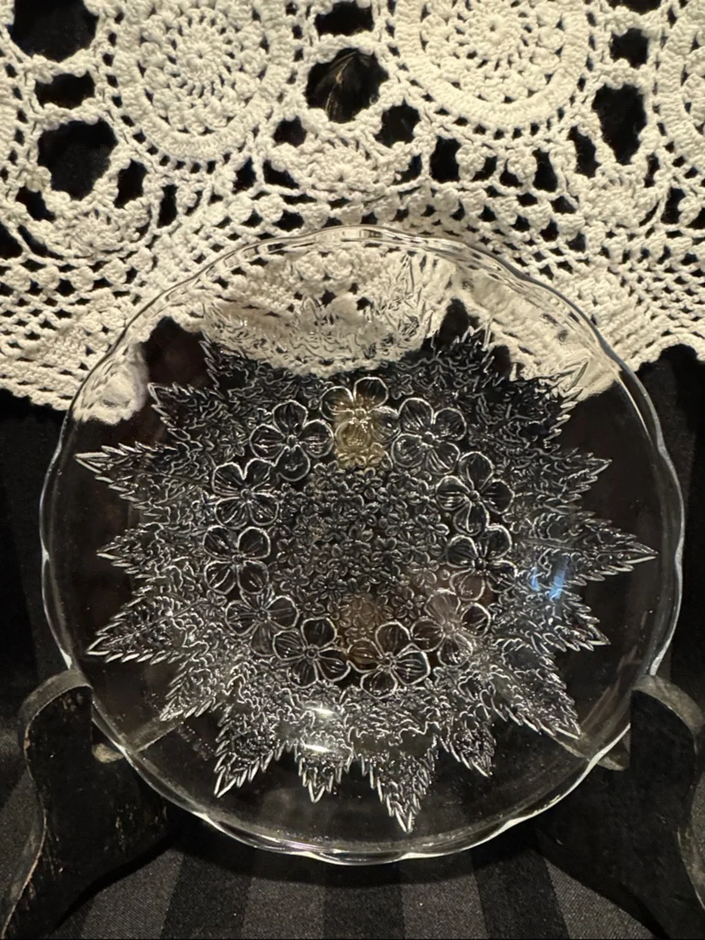 Two Pressed Clear Glass Plates with Floral Design
